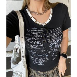 tシャツ アンサンブル風ロゴレースアップTシャツ レディース