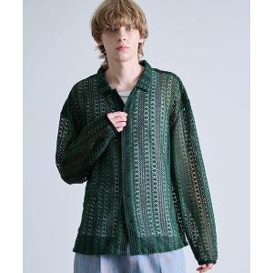 シャツ Revo. 透かし編み フラワーレース ストライプ セミオープンカラーシャツ メンズ レディース