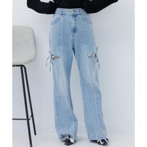 ジーンズ デニム デニムパンツ スリットリボンデニムPT レディース