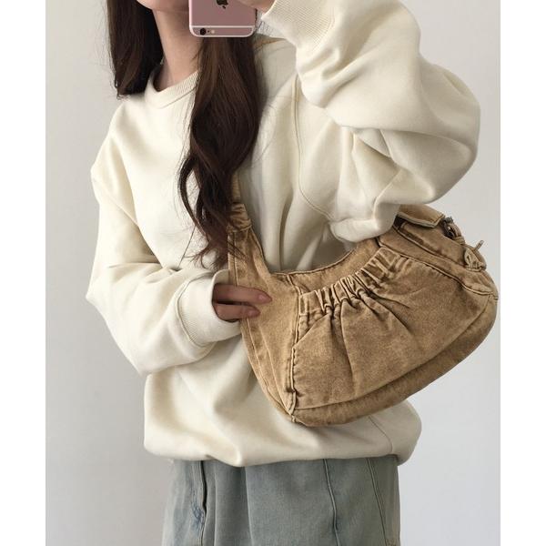 ショルダーバッグ バッグ ウォッシュ加工ギャザーデザインデニムショルダーバッグ レディース
