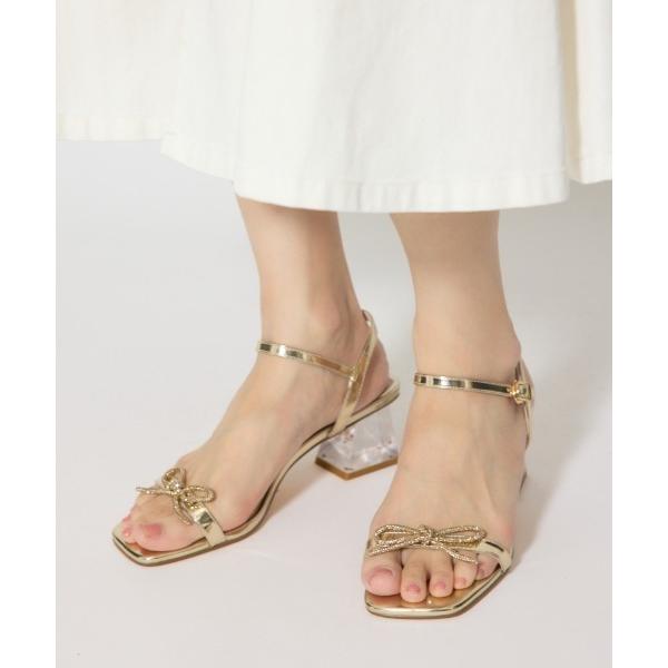 サンダル ビジューリボンクリアヒールサンダル 春服 夏服 レディース