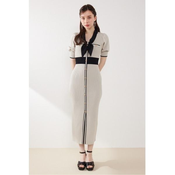 ワンピース 「森香澄さん着用」バイカラーパフスリーブタイトニットワンピース 春服 夏服