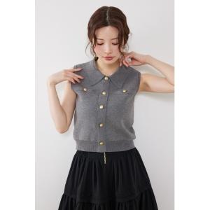 ニット セーター ゴールドボタンノースリニットトップス 春服 夏服 ノースリーブ レディース