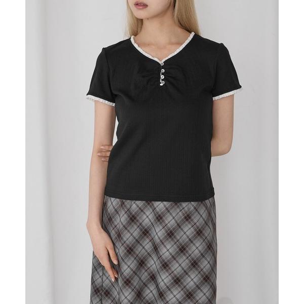 ヘンリーネック tシャツ 半袖 「Unblend」配色レース ヘンリーネック半袖Tシャツ レディース