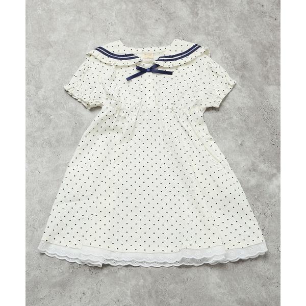 ワンピース 「綿100％/レース」セーラーカラー ドット柄 半袖 ワンピース キッズ 子供服 女の子