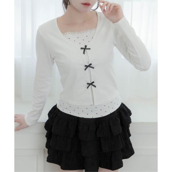 tシャツ ドットレイヤードリボントップス レディース