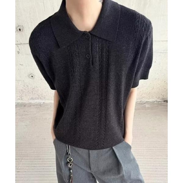 シャツ ハーフスリーブ襟付きケーブルニットポロ メンズ レディース