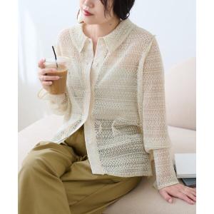 ブラウス シャツ 襟付きプリーツカットレースシアーカーデ レディース