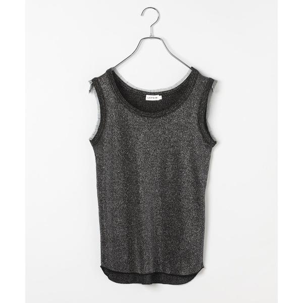 タンクトップ ノースリーブ 「オフィスライン」チュール付きラメリブタンク　647955 レディース