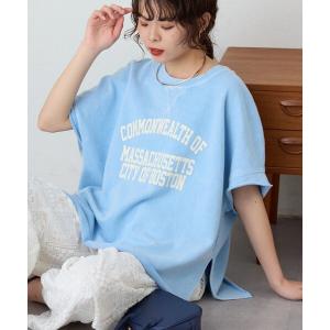 tシャツ 半袖 アシッド加工裏毛フレンチスリーブロゴトップス レディース