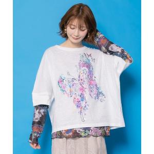 tシャツ ScoLar(スカラー) 水彩タッチ花蝶プリントTシャツ レディース