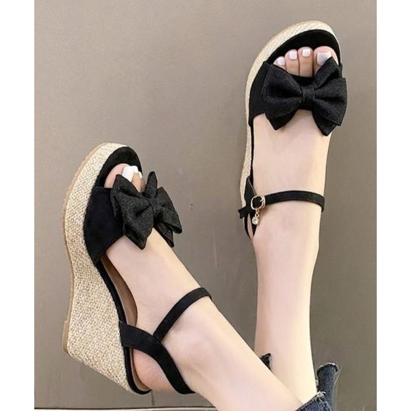 サンダル 「26年春夏新作」BIGリボン付ジュートウェッジソールサンダル レディース
