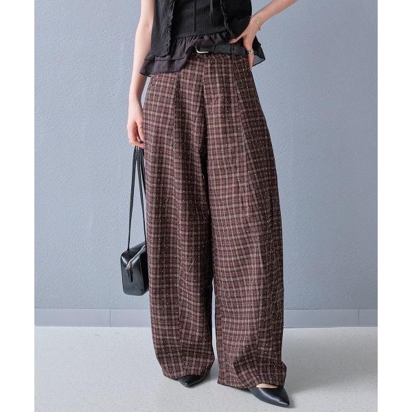 ワイドパンツ パンツ ベルト付き オーロラストーン チェック柄カーブワイドパンツ レディース
