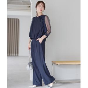 パンツドレス ドットチュール袖パンツドレス／結婚式・オケージョン対応セットアップ（体型カバー・ウエストゴム）