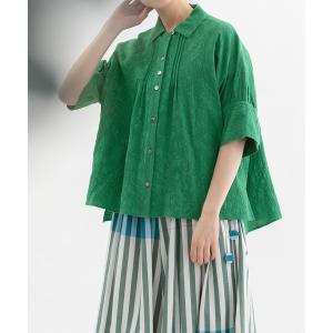 ブラウス シャツ 夏 半袖 フラワージャカードカフス袖シャツ レディース