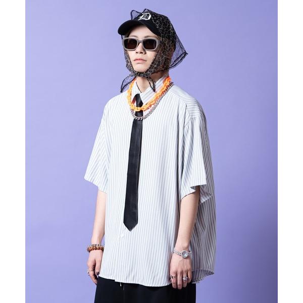シャツ 半袖 a.p.o.v. オーバーサイズストライプコットンミニマル半袖シャツ メンズ レディー...