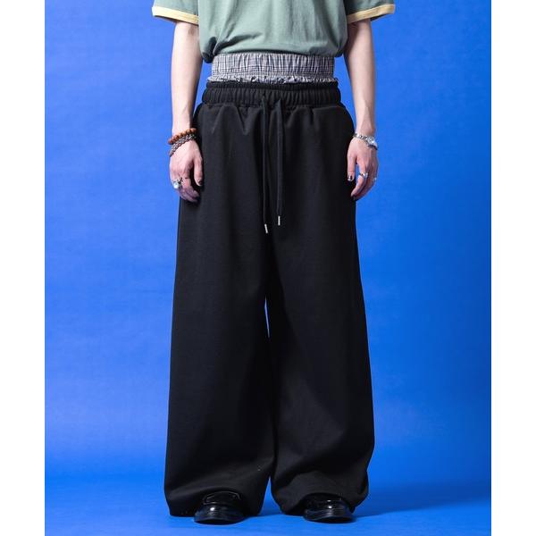 スウェットパンツ ジャージ a.p.o.v. 見せパンスタイルチェック柄ダブルウエストワイドスウェッ...