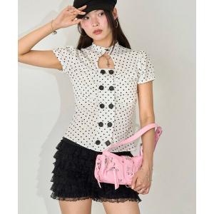 ブラウス シャツ Wボタンギャザーブラウス(ドット柄・無地) レディース