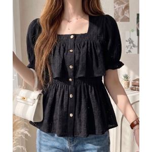 tシャツ 半袖 透かし編み スクエアネックパフスリーブ フレアカットソー レディース