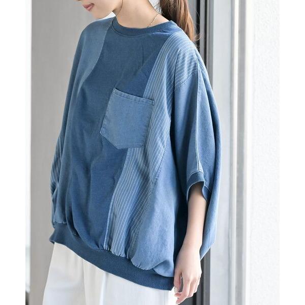 ブラウス シャツ インディゴ天竺ストライプ切替プルオーバー レディース