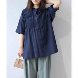 ブラウス シャツ 「M〜5L」バンドカラーシャーリングブラウス レディース