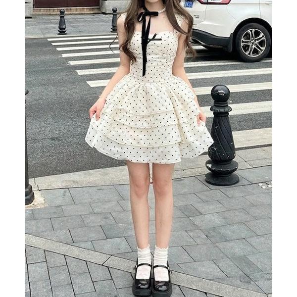 ワンピース チビリボン ドットティアードフリル ミニワンピース
