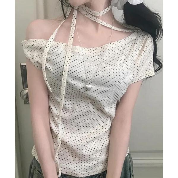 tシャツ チョーカー付 ドットオフショルTシャツ レディース