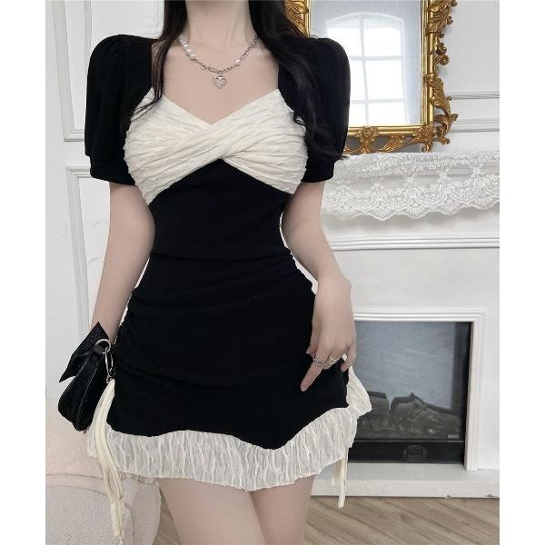 ワンピース フロントクロスデザイン配色ミニワンピース