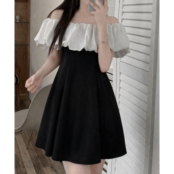 ワンピース 配色ボリュームオフショルミニワンピース