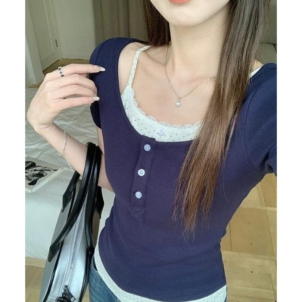 tシャツ フェイクレイヤード ドットヘンリーリブTシャツ レディース