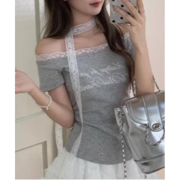 tシャツ レースチョーカー レタリングプリントオフショルTシャツ レディース
