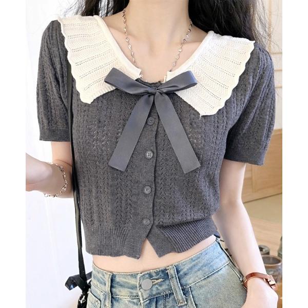カーディガン フロントリボンビッグカラーサマーニットカーデ レディース