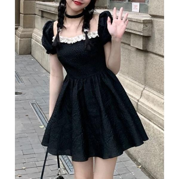 ワンピース フリルスクエアネック バックリボンミニワンピース