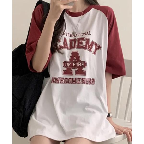 tシャツ カレッジロゴ 配色 ラグランTシャツ 半袖カットソー レディース