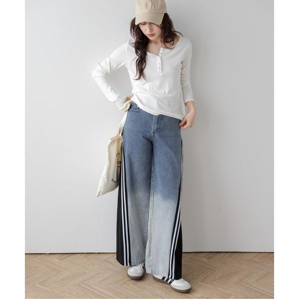 ジーンズ デニム デニムパンツ 切替デザインワイドデニムパンツ レディース