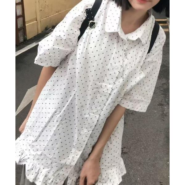 ブラウス シャツ 「春夏新作」裾フリルドット柄オーバーサイズ半袖シャツ レディース