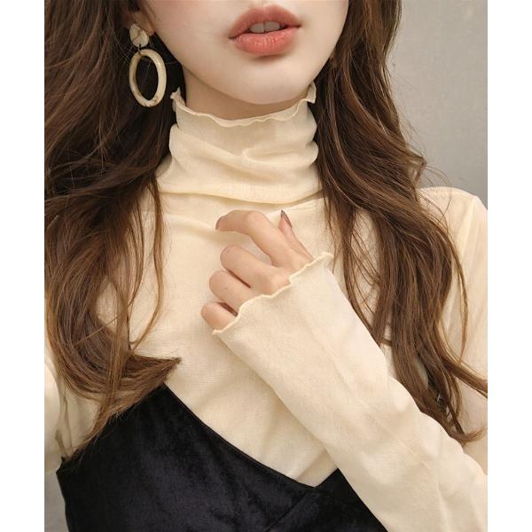 tシャツ シアーハイネックトップス ロングスリーブ メロートップス レディース