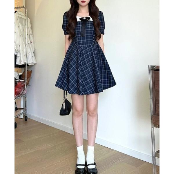 ワンピース フロントリボンチェックミニワンピース