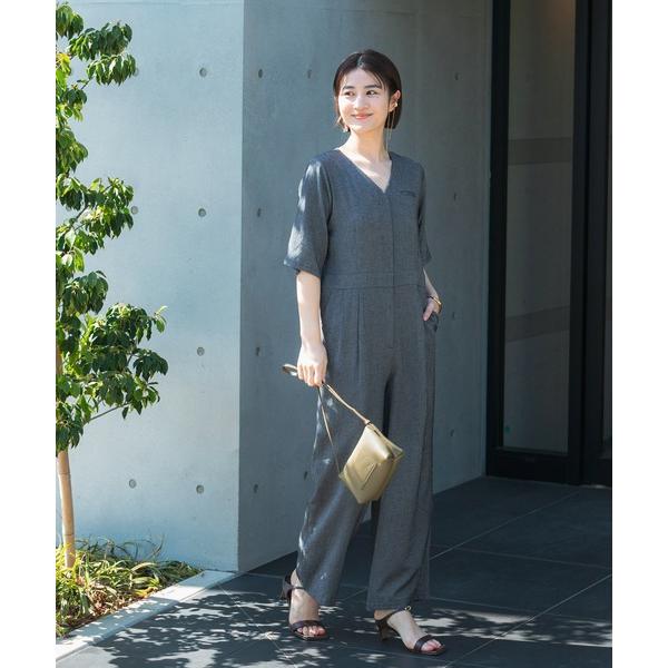 パンツ リネンライク5分袖オールインワン レディース