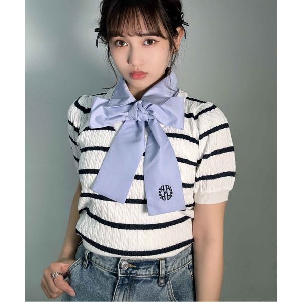 ブラウス シャツ ボウタイリボン付き シャツドッキング ワンポイント刺繍5分袖プルオーバー レディー...