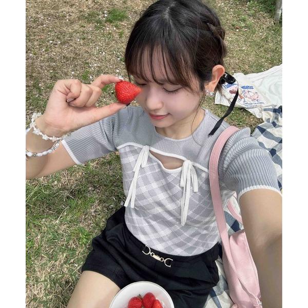 tシャツ リボン付き バイカラー デコルテ見せ半袖ニットプルオーバー レディース