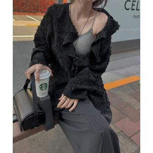 ジャケット ノーカラージャケット jacquard sheer ruffle frill shirt JK レディース