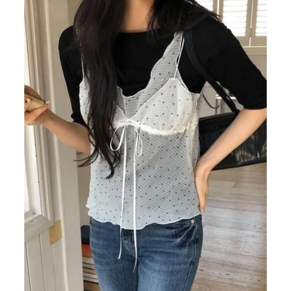 キャミソール ドット柄 レーストリム キャミソール