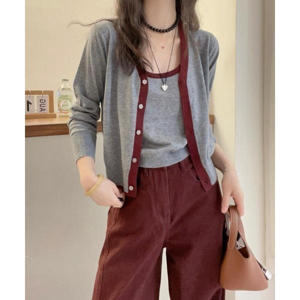 カーディガン バイカラー V ネック ニットセットアップ レディース