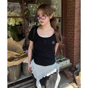 tシャツ 「無地 / ボーダー」胸刺繍Uネックヘンリー半袖Tシャツ レディース