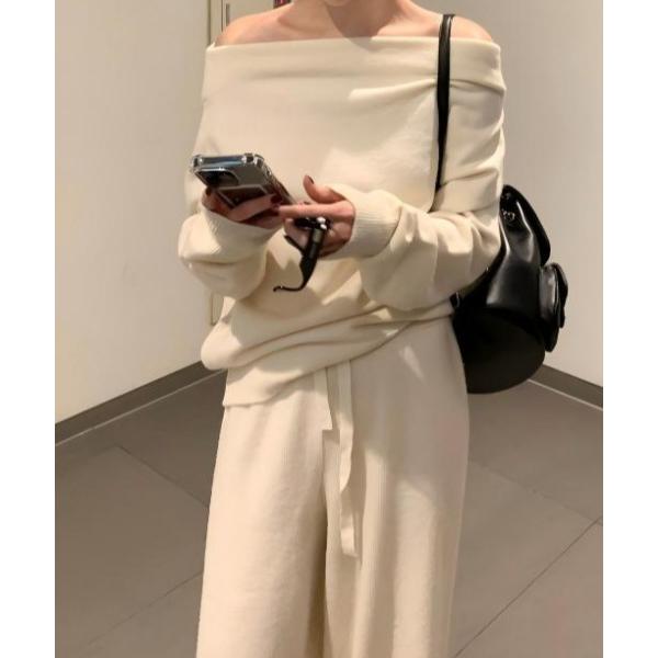 セットアップ ボートネックニットトップスパンツセットアップ レディース