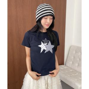 tシャツ スターアップリケTシャツカットソー レディース