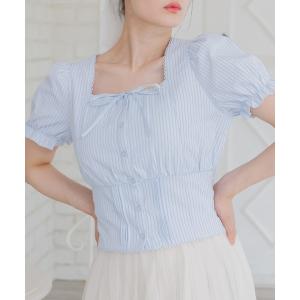 ブラウス シャツ フロントリボンパフBL レディース