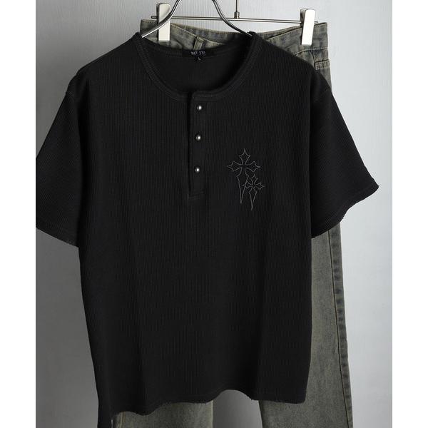 tシャツ ピグメント加工 ヘンリーネック ワッフルTシャツ 半袖 クロス刺繍 メンズ レディース
