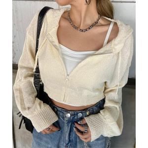 パーカー 透かし編ニットショート丈パーカー レディース